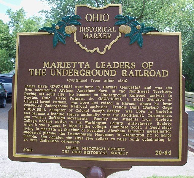 This plaque, dedicated in 2008, commemorates the part played by residents of Marietta, Ohio in the Underground Railroad