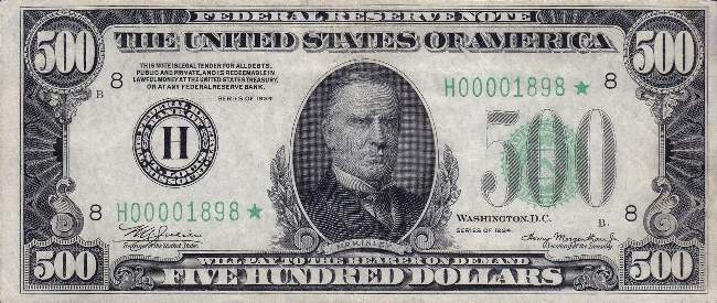 US currency, $500