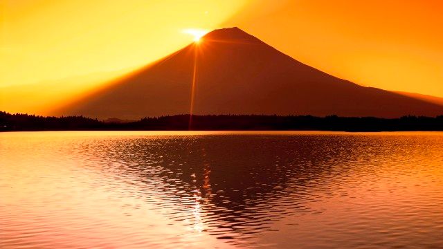 Amanhecer, sobre, mt fuji, e, Tanuki, lago, shizuoka, japão